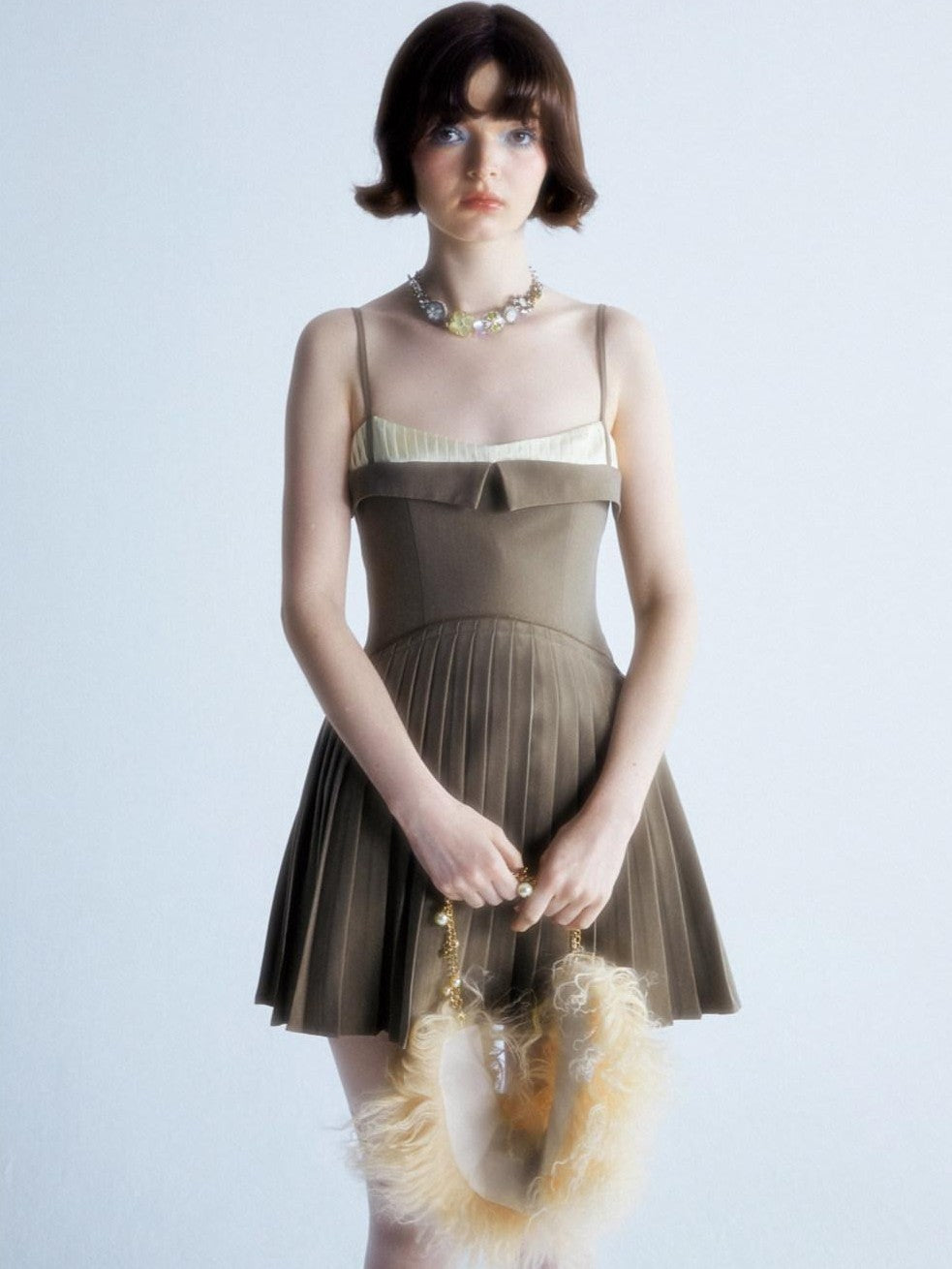 UNIVERSE Brown Pleated Spliced High Waist Aline Strappy Women's Slip Mini Dresses