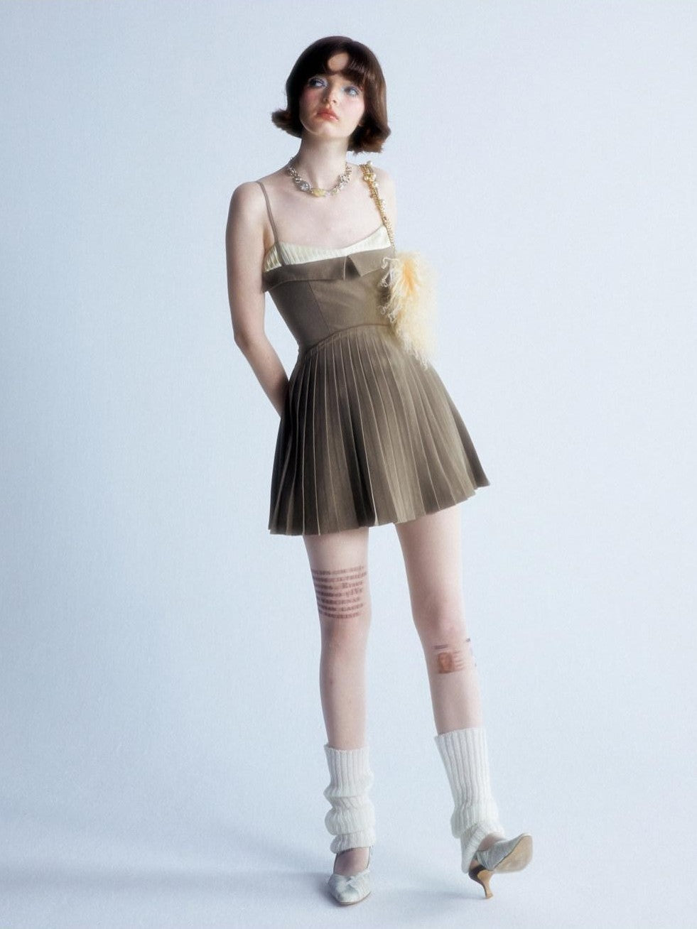 UNIVERSE Brown Pleated Spliced High Waist Aline Strappy Women's Slip Mini Dresses