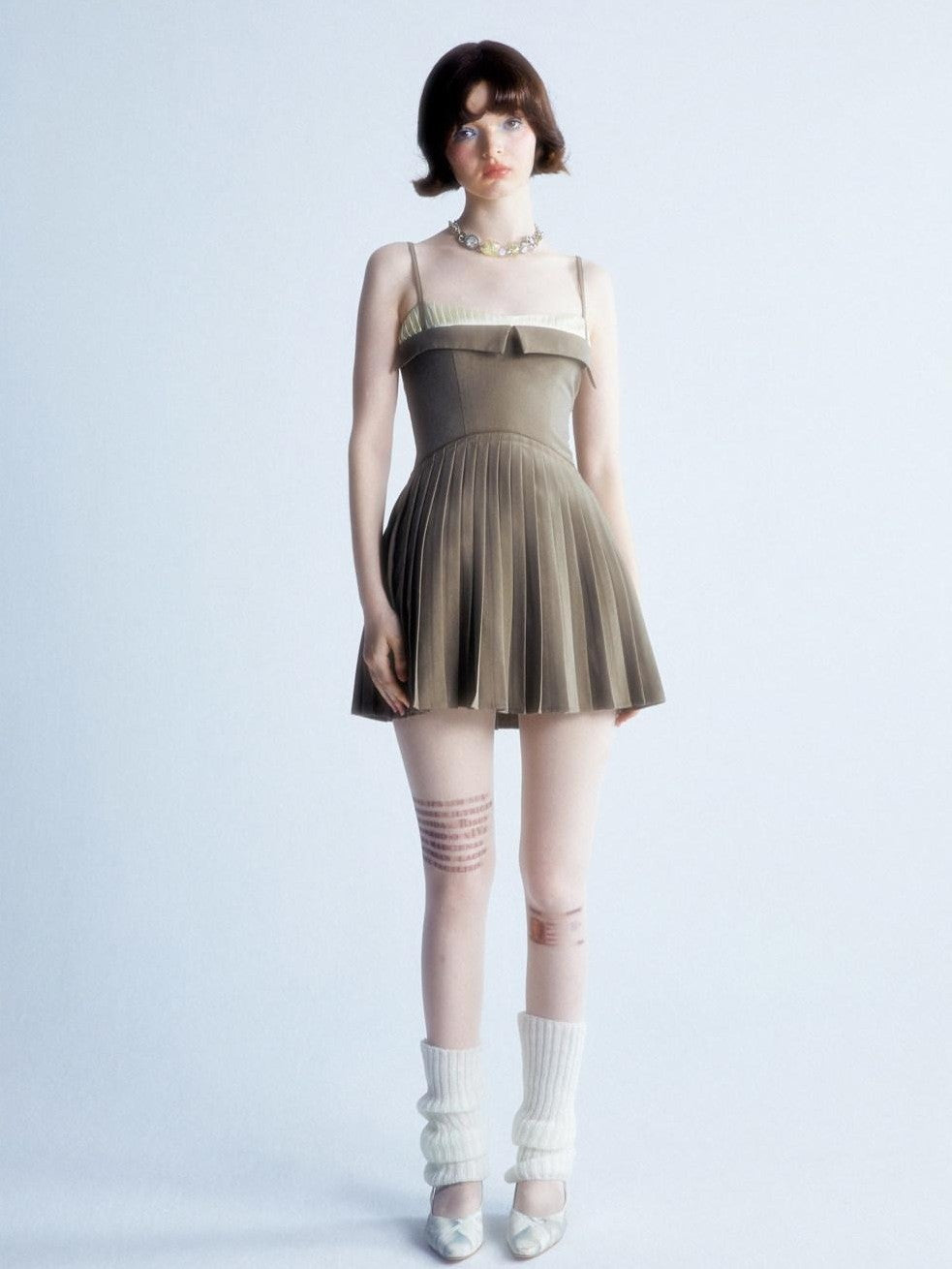 UNIVERSE Brown Pleated Spliced High Waist Aline Strappy Women's Slip Mini Dresses