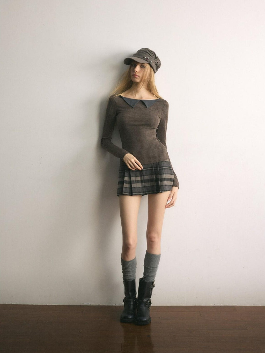 UNIVERSE Brown Vintage Striped Doll Collar Knit Women's Long Sleeve T-shirts