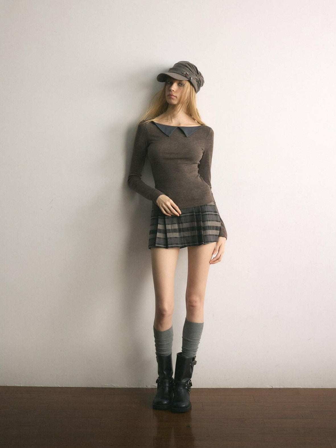 UNIVERSE Brown Vintage Striped Doll Collar Knit Women's Long Sleeve T-shirts