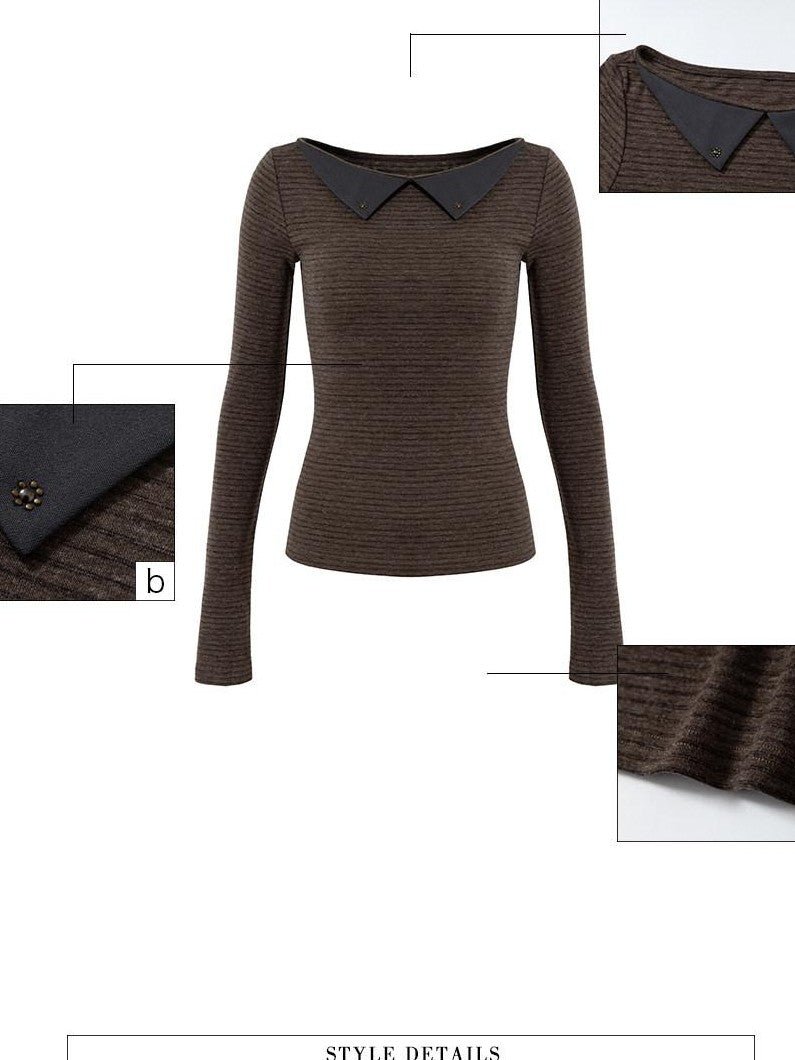 UNIVERSE Brown Vintage Striped Doll Collar Knit Women's Long Sleeve T-shirts