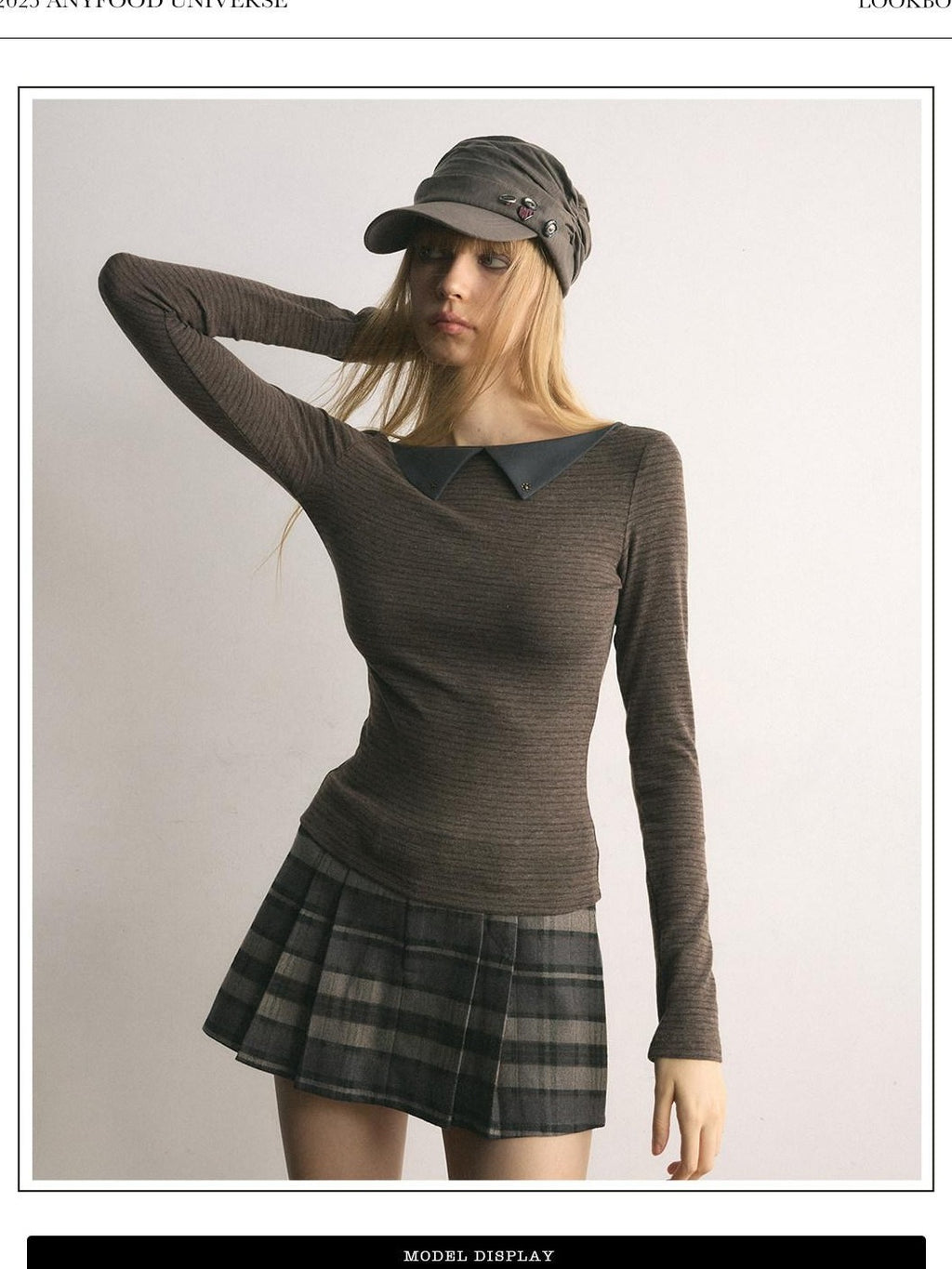 UNIVERSE Brown Vintage Striped Doll Collar Knit Women's Long Sleeve T-shirts