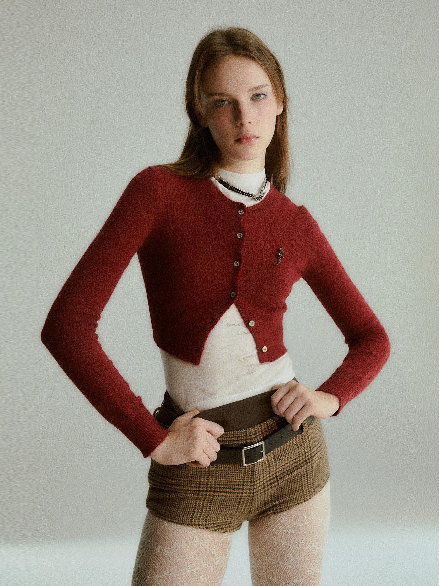 UNIVERSE Burgundy Vintage Academic Cropped Slim Women's Wool Blend Cardigans