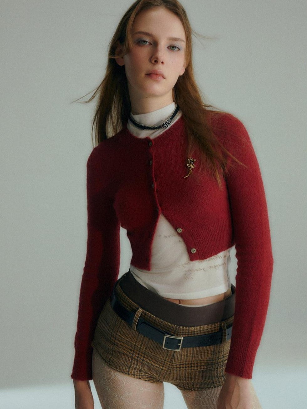 UNIVERSE Burgundy Vintage Academic Cropped Slim Women's Wool Blend Cardigans