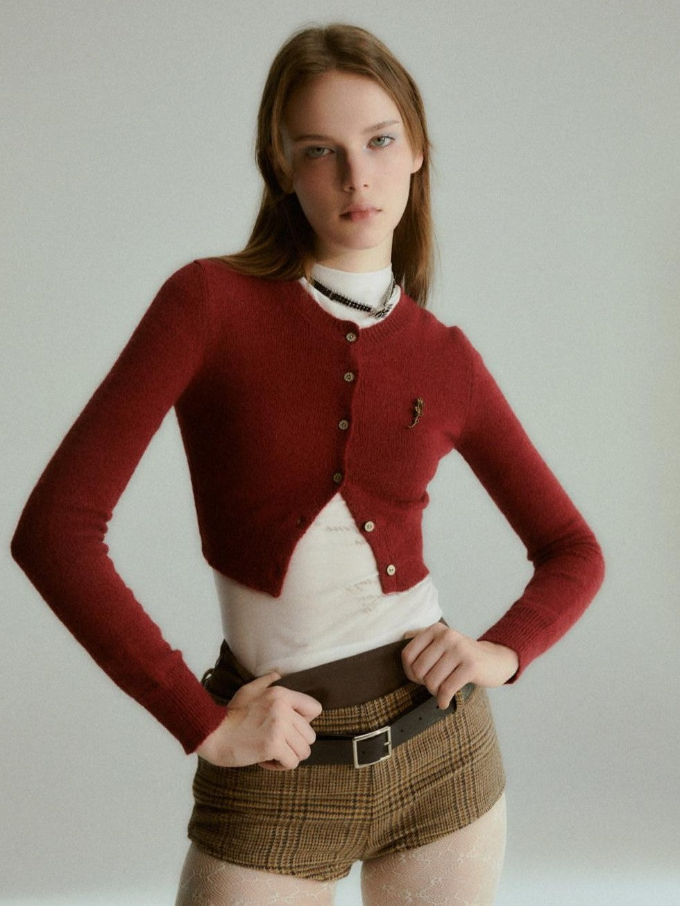 UNIVERSE Burgundy Vintage Academic Cropped Slim Women's Wool Blend Cardigans