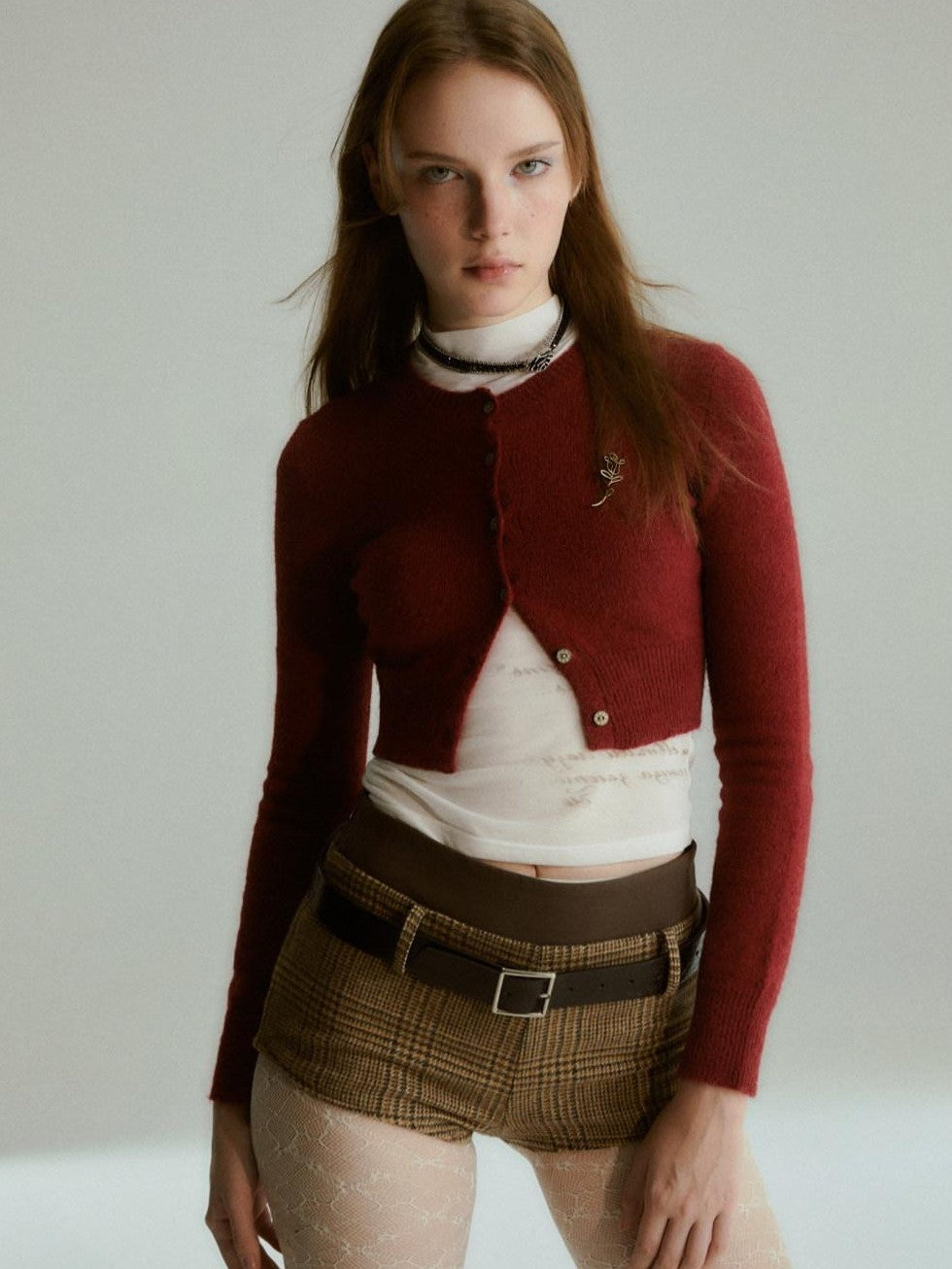 UNIVERSE Burgundy Vintage Academic Cropped Slim Women's Wool Blend Cardigans