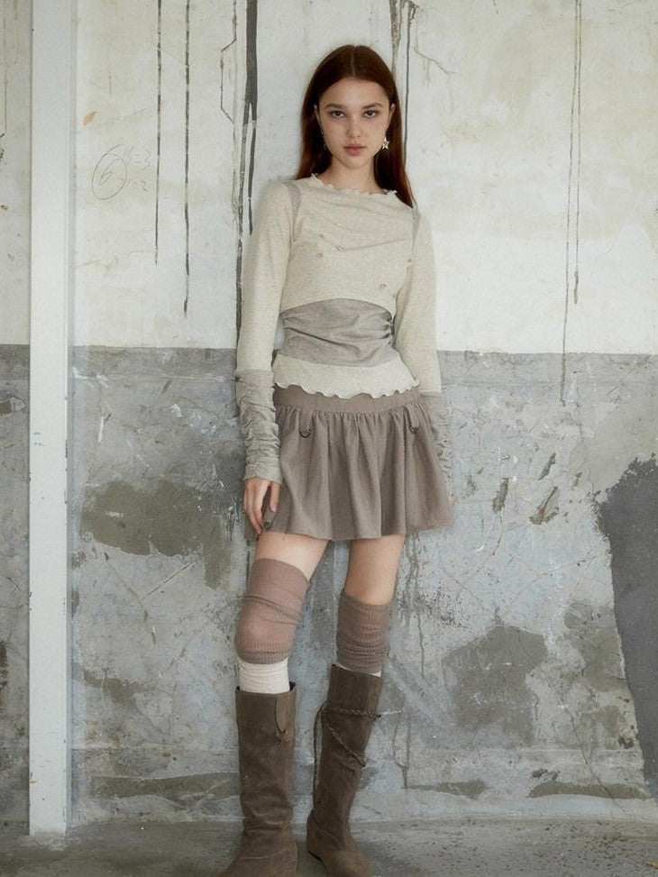 UNIVERSE Button Splice High Neck Slim Fit Women's Cotton Blend Long Sleeve T-shirts