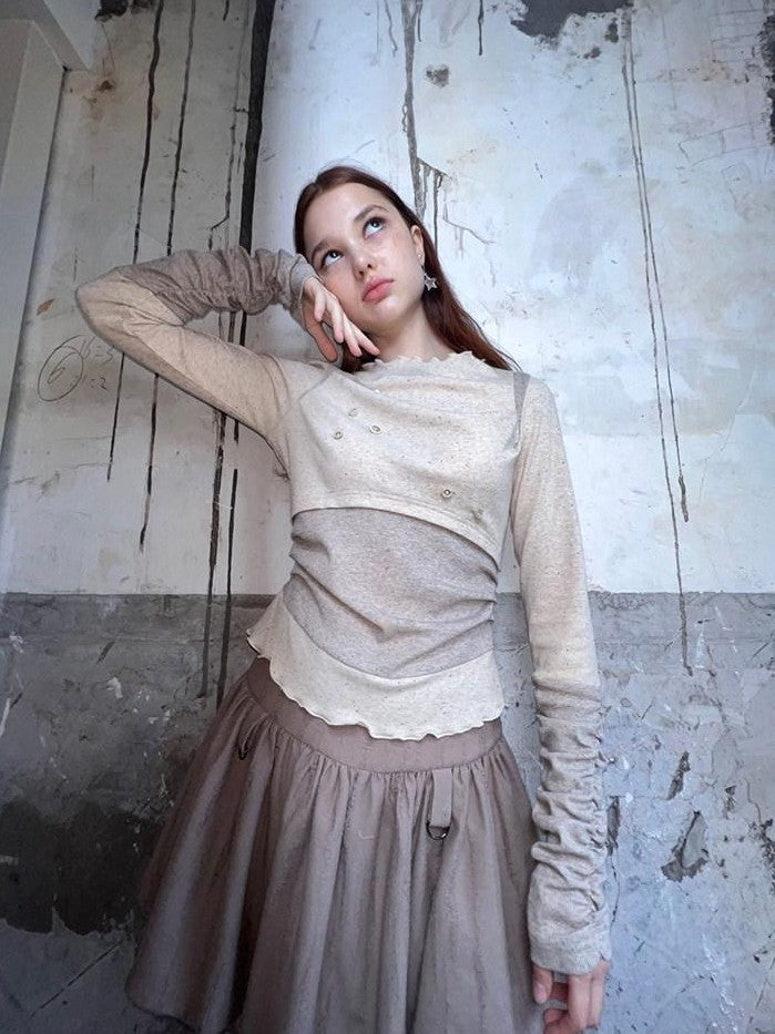 UNIVERSE Button Splice High Neck Slim Fit Women's Cotton Blend Long Sleeve T-shirts