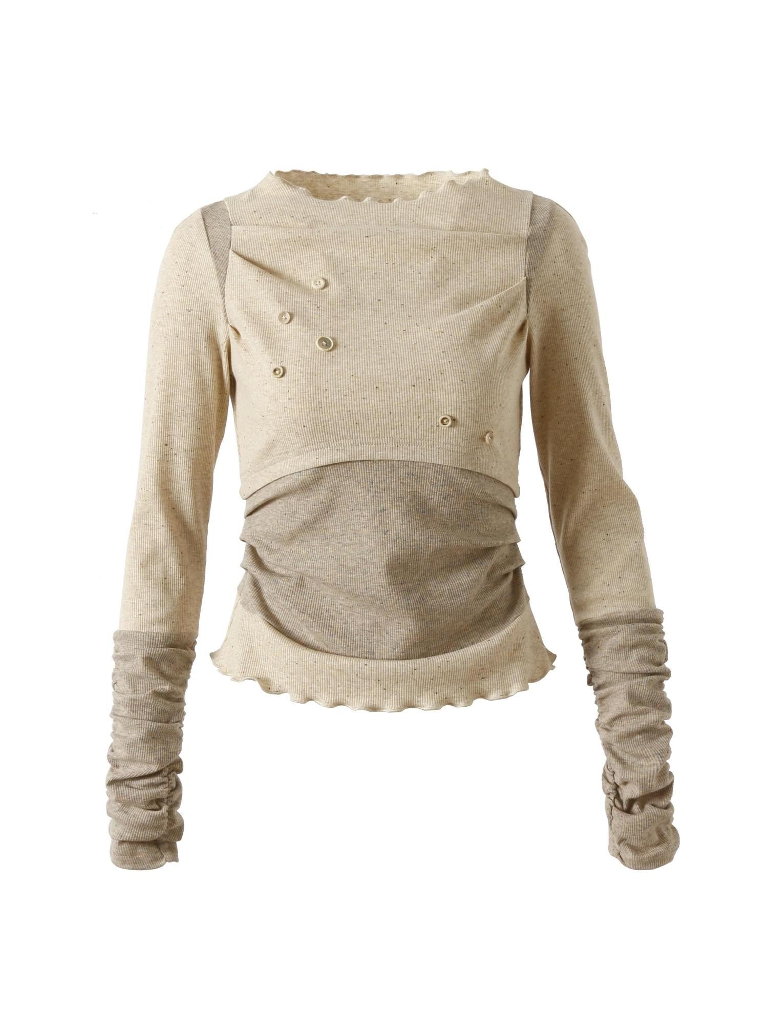 UNIVERSE Button Splice High Neck Slim Fit Women's Cotton Blend Long Sleeve T-shirts
