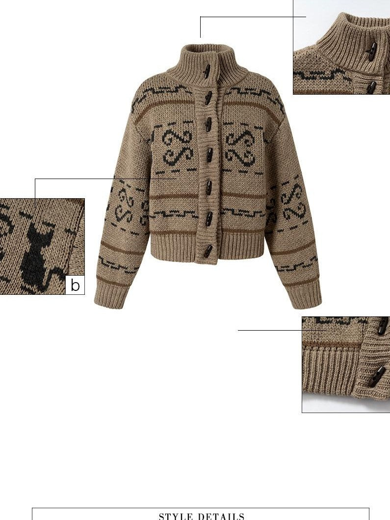 UNIVERSE Cat Fair Isle Jacquard Women's Acrylic Thick Knit Slim Button-up Cardigans