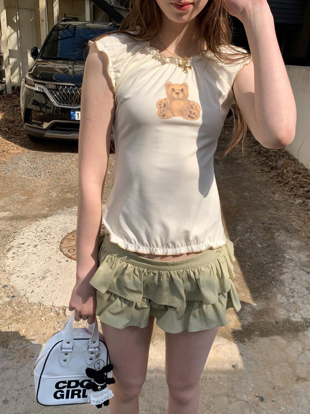 UNIVERSE Coffee Green Ruffle Pleated Mid Waist Slim Women's Cotton Tiered Skirts