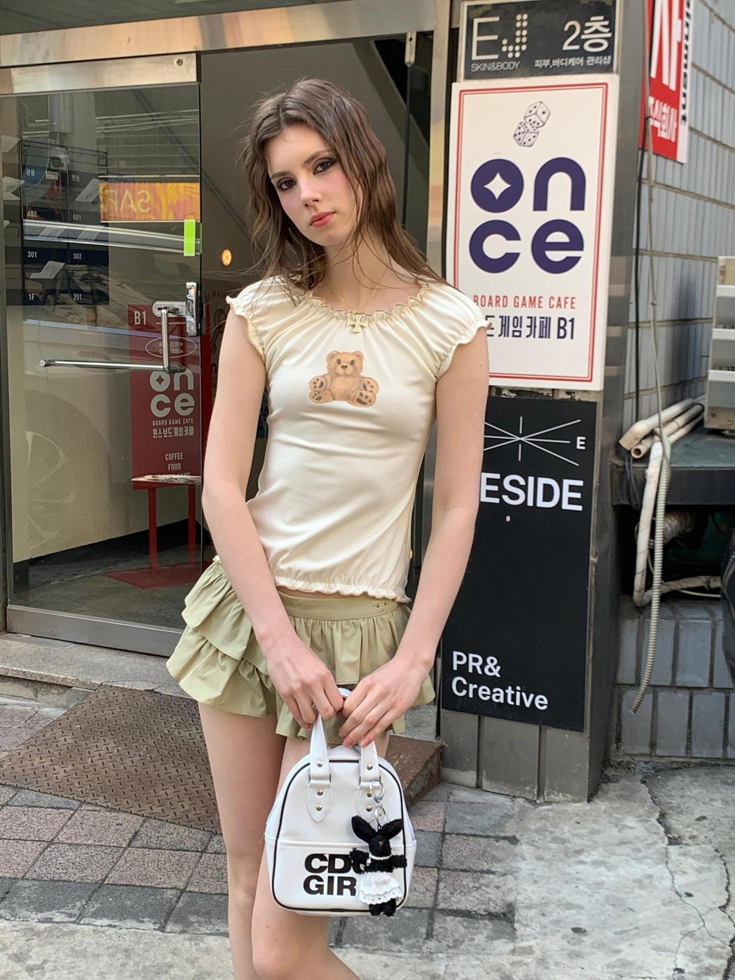 UNIVERSE Coffee Green Ruffle Pleated Mid Waist Slim Women's Cotton Tiered Skirts
