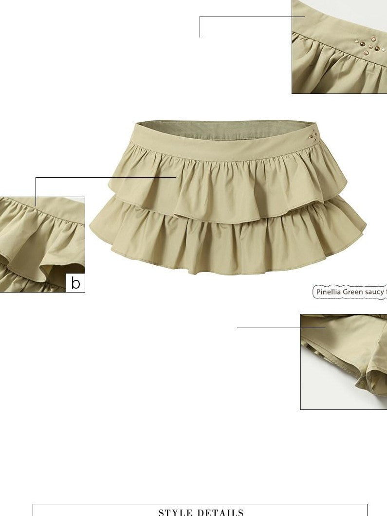 UNIVERSE Coffee Green Ruffle Pleated Mid Waist Slim Women's Cotton Tiered Skirts
