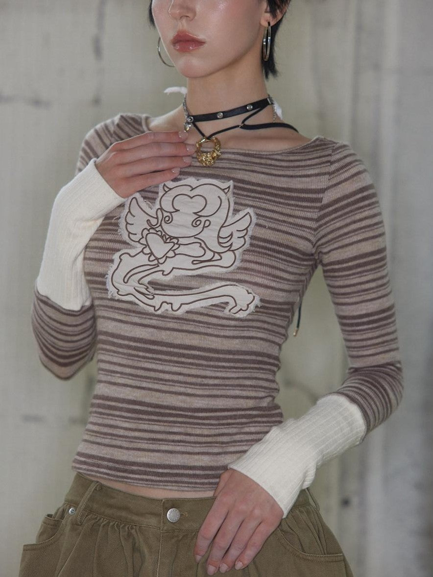 UNIVERSE Colorblock Striped Embroidered Women's Wool Blend Long Sleeve T-shirts