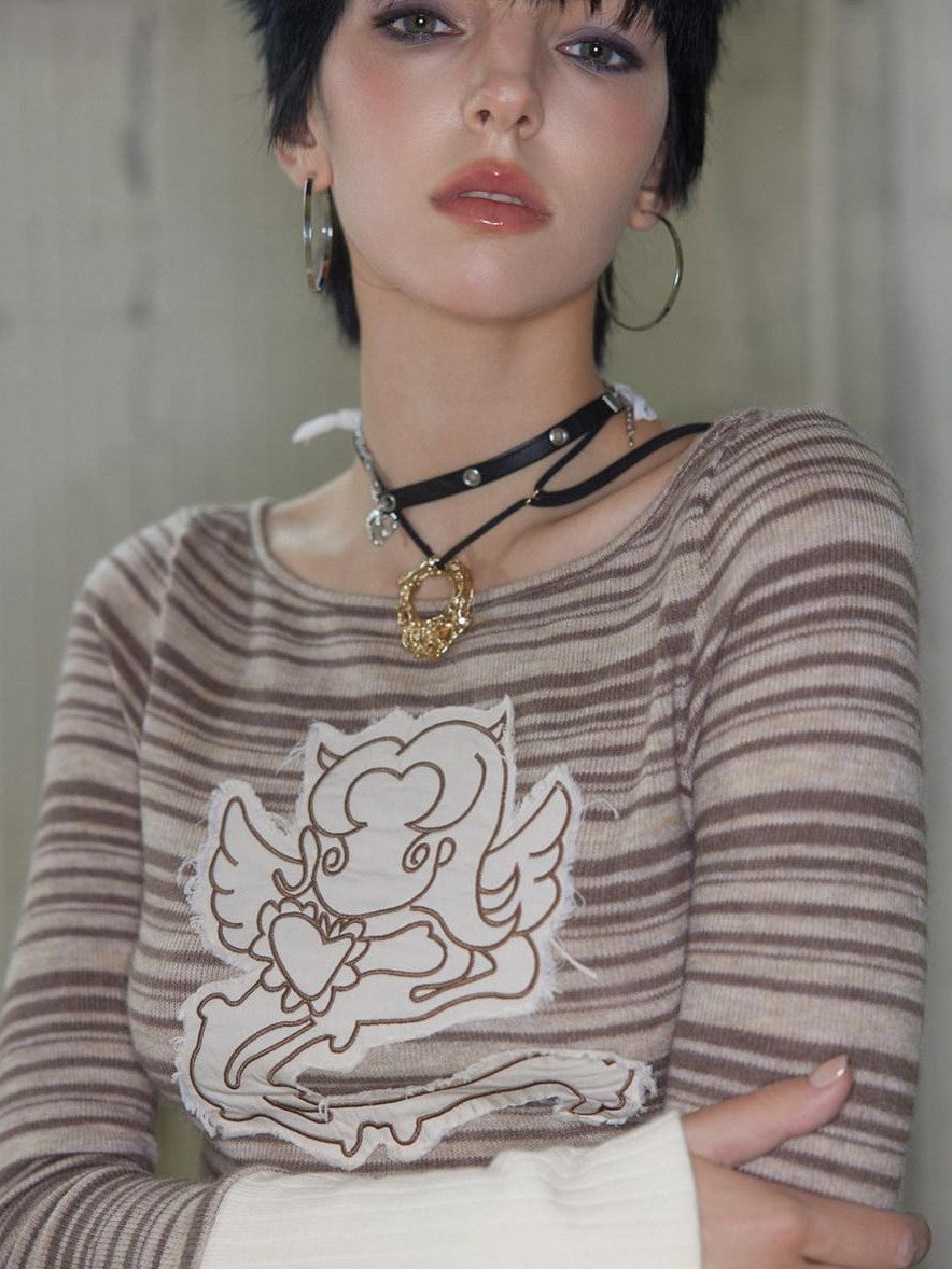 UNIVERSE Colorblock Striped Embroidered Women's Wool Blend Long Sleeve T-shirts
