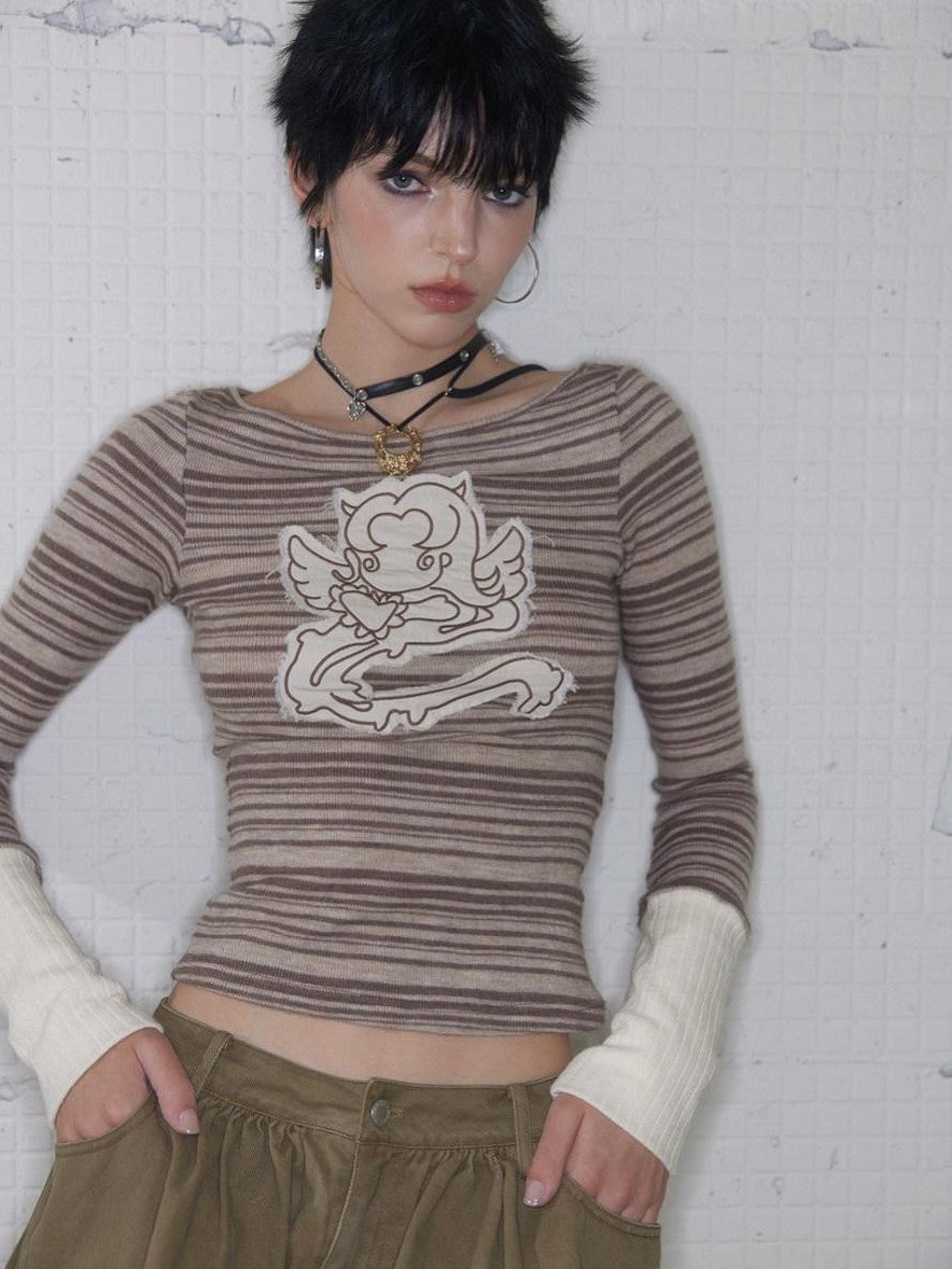 UNIVERSE Colorblock Striped Embroidered Women's Wool Blend Long Sleeve T-shirts