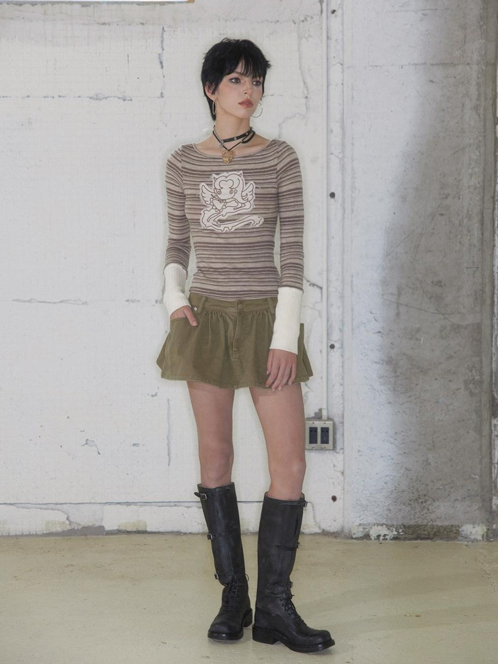 UNIVERSE Colorblock Striped Embroidered Women's Wool Blend Long Sleeve T-shirts