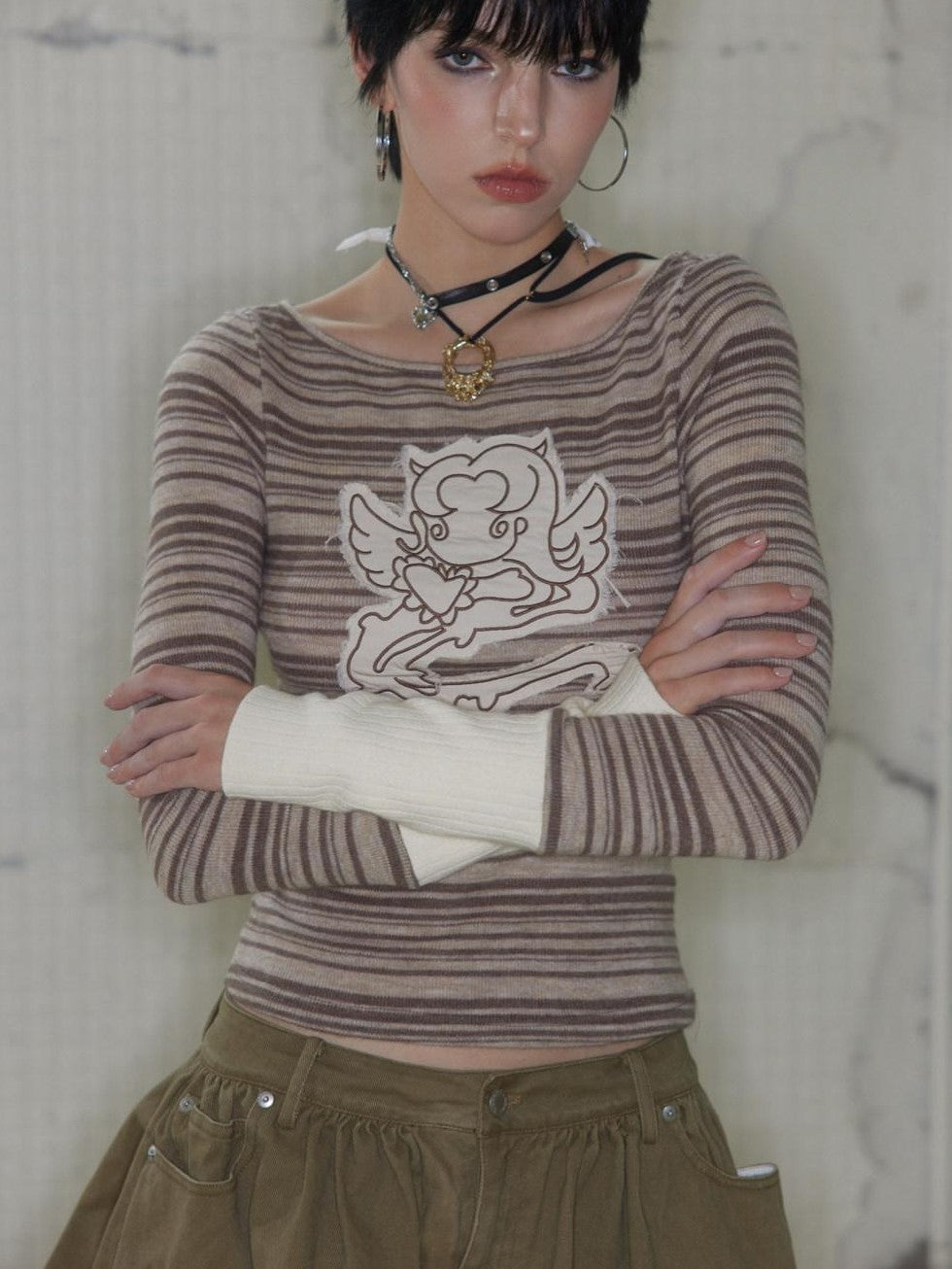 UNIVERSE Colorblock Striped Embroidered Women's Wool Blend Long Sleeve T-shirts
