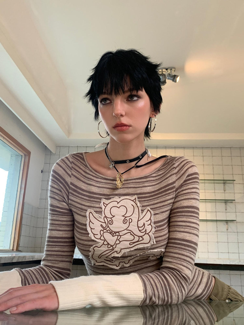 UNIVERSE Colorblock Striped Embroidered Women's Wool Blend Long Sleeve T-shirts