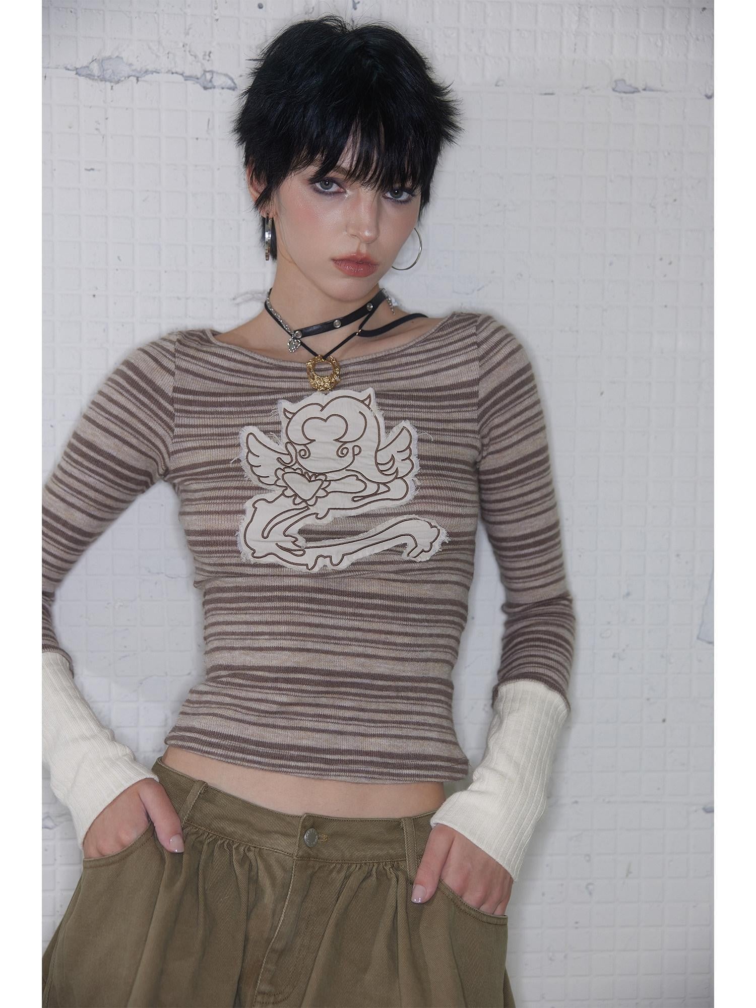 UNIVERSE Colorblock Striped Embroidered Women's Wool Blend Long Sleeve T-shirts