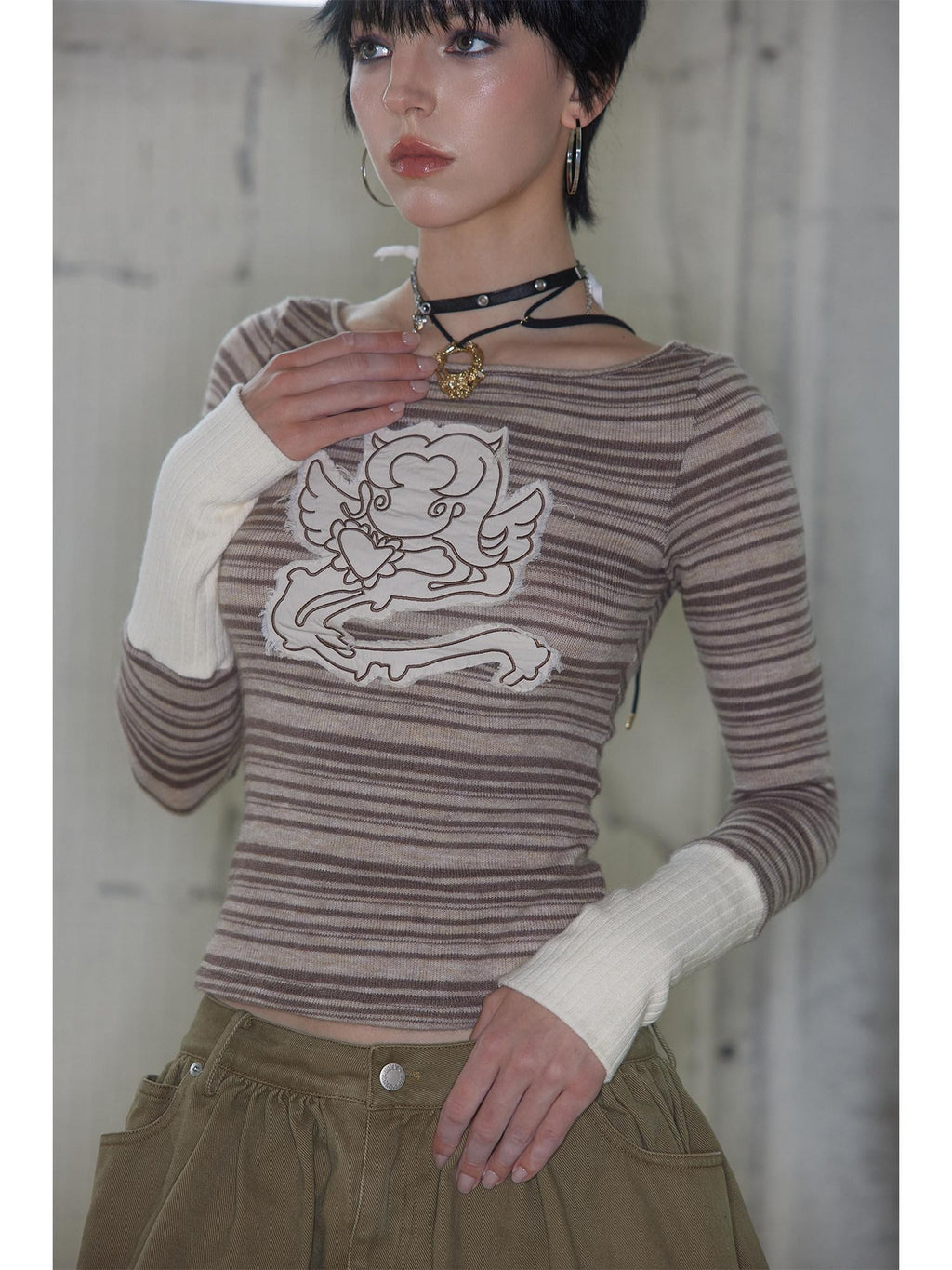 UNIVERSE Colorblock Striped Embroidered Women's Wool Blend Long Sleeve T-shirts