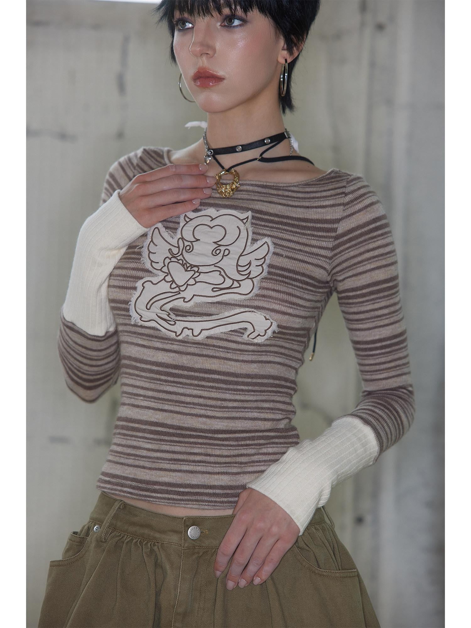 UNIVERSE Colorblock Striped Embroidered Women's Wool Blend Long Sleeve T-shirts