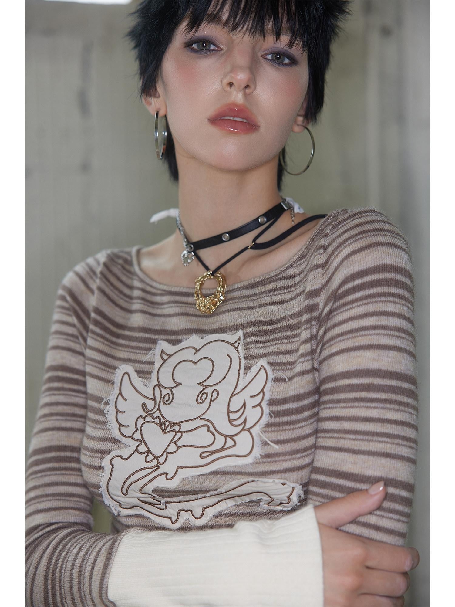 UNIVERSE Colorblock Striped Embroidered Women's Wool Blend Long Sleeve T-shirts