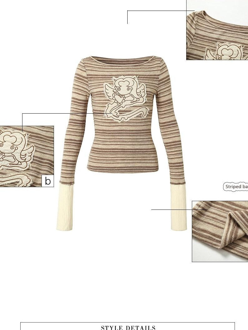 UNIVERSE Colorblock Striped Embroidered Women's Wool Blend Long Sleeve T-shirts