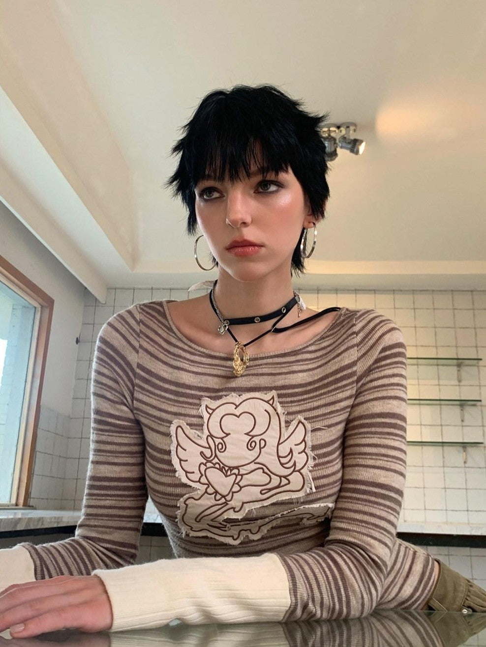 UNIVERSE Colorblock Striped Embroidered Women's Wool Blend Long Sleeve T-shirts