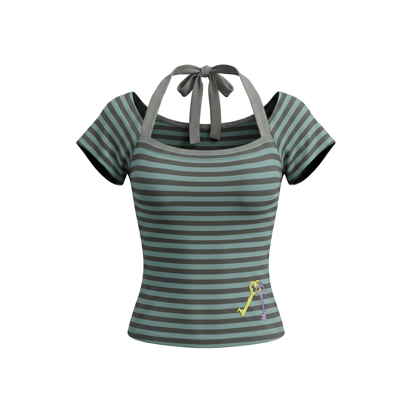 UNIVERSE_Contrast_Stripe_Print_Square_Neck_Flutter_Sleeve_Tie_Neck_Women's_Crop_Tops_1054984128896_MISSTT