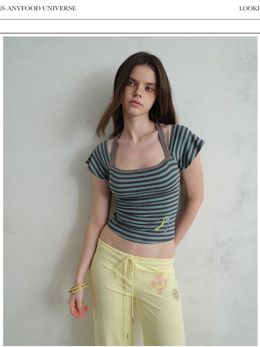 UNIVERSE Contrast Stripe Print Square Neck Flutter Sleeve Tie Neck Women's Crop Tops