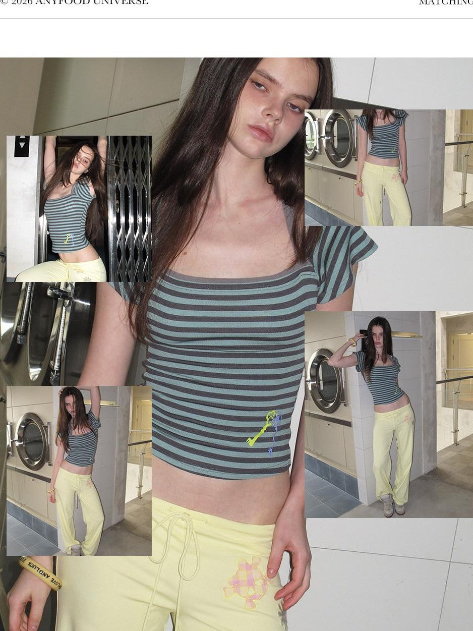 UNIVERSE Contrast Stripe Print Square Neck Flutter Sleeve Tie Neck Women's Crop Tops
