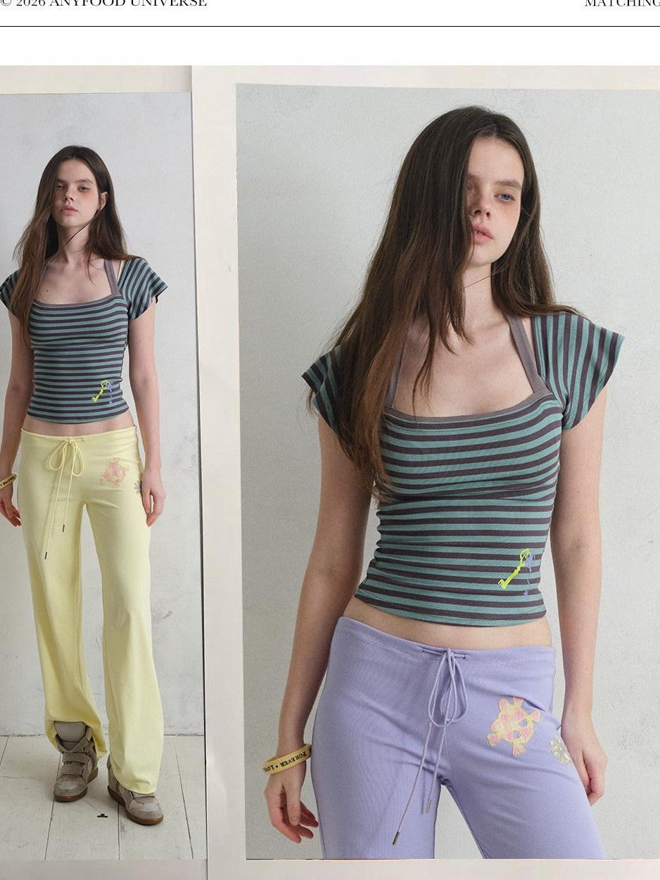 UNIVERSE Contrast Stripe Print Square Neck Flutter Sleeve Tie Neck Women's Crop Tops