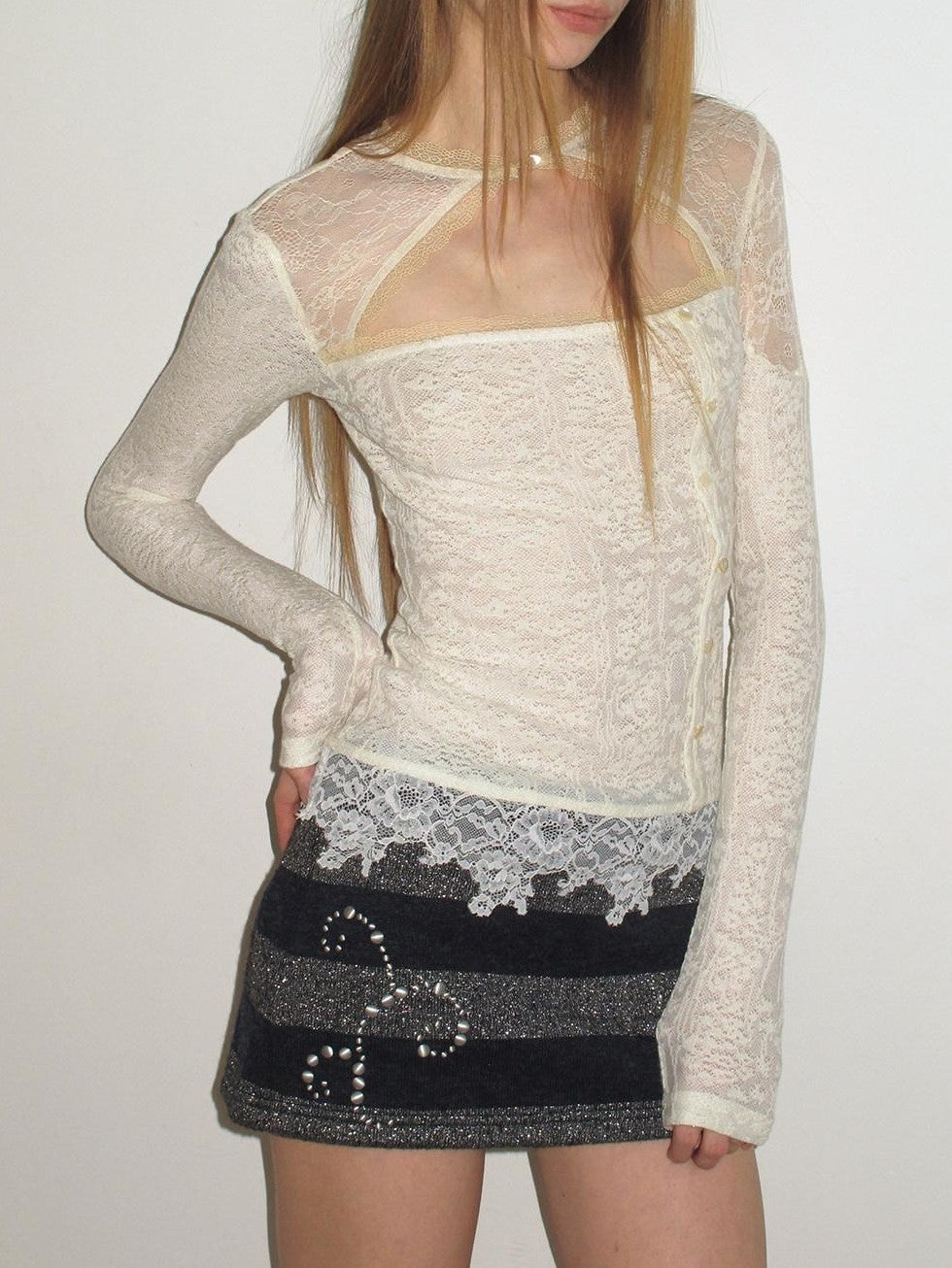 UNIVERSE Cool Lace Cutout Patchwork Women's Viscose Blend Long Sleeve T-shirts
