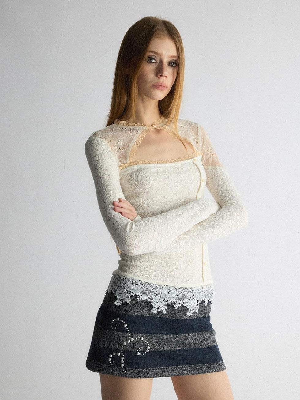 UNIVERSE Cool Lace Cutout Patchwork Women's Viscose Blend Long Sleeve T-shirts