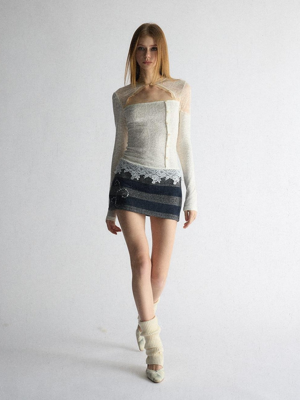 UNIVERSE Cool Lace Cutout Patchwork Women's Viscose Blend Long Sleeve T-shirts