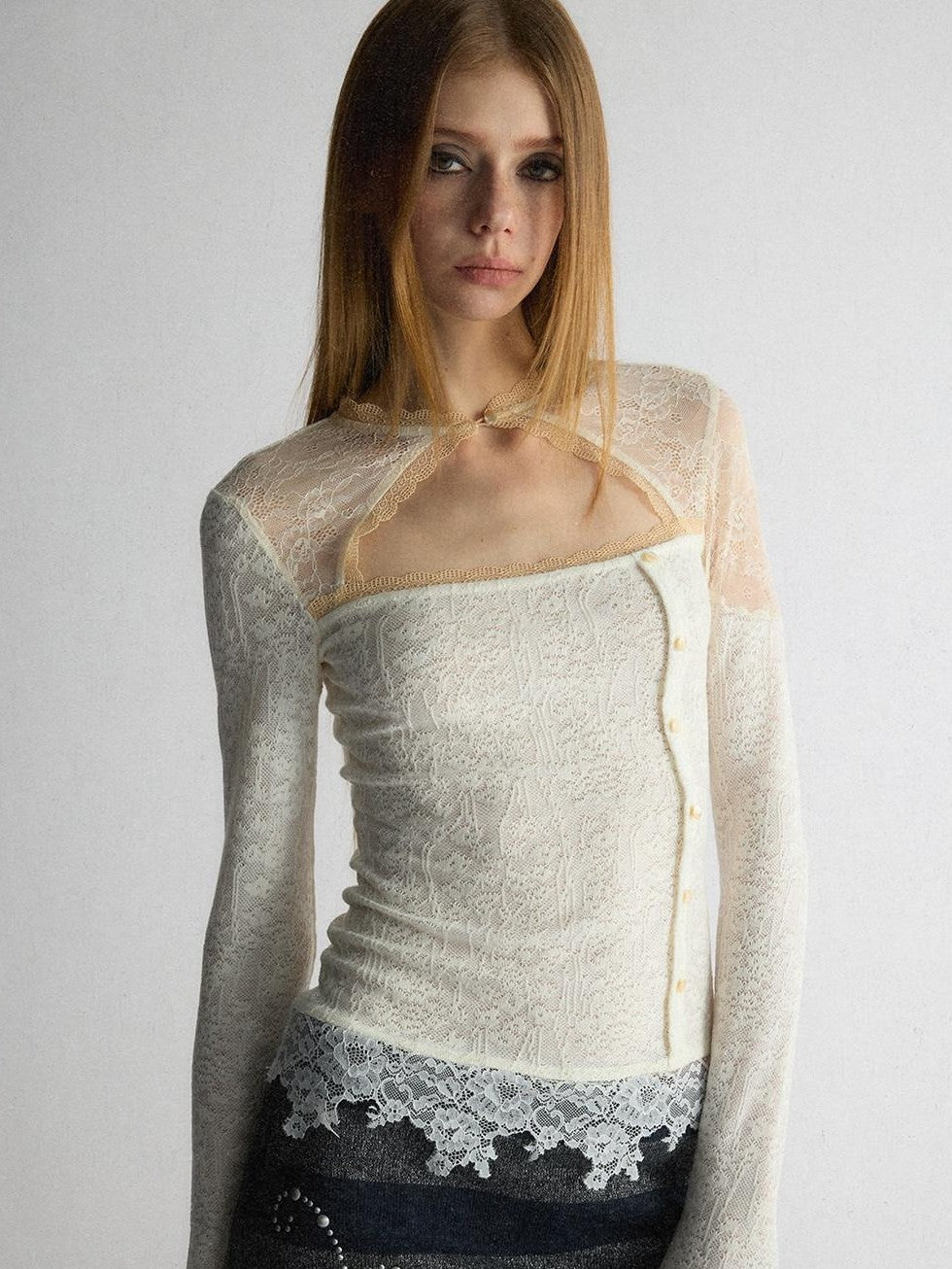 UNIVERSE Cool Lace Cutout Patchwork Women's Viscose Blend Long Sleeve T-shirts