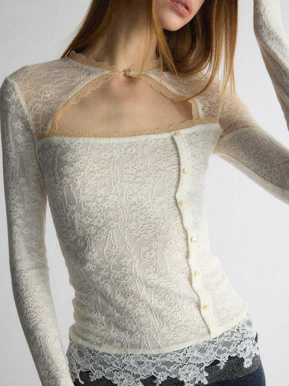 UNIVERSE Cool Lace Cutout Patchwork Women's Viscose Blend Long Sleeve T-shirts