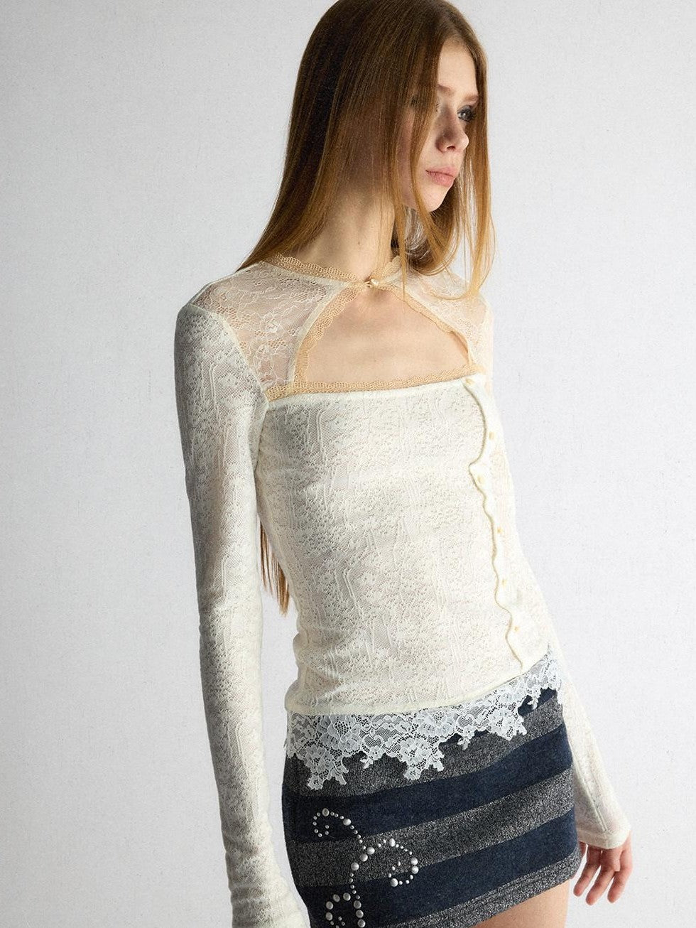 UNIVERSE Cool Lace Cutout Patchwork Women's Viscose Blend Long Sleeve T-shirts