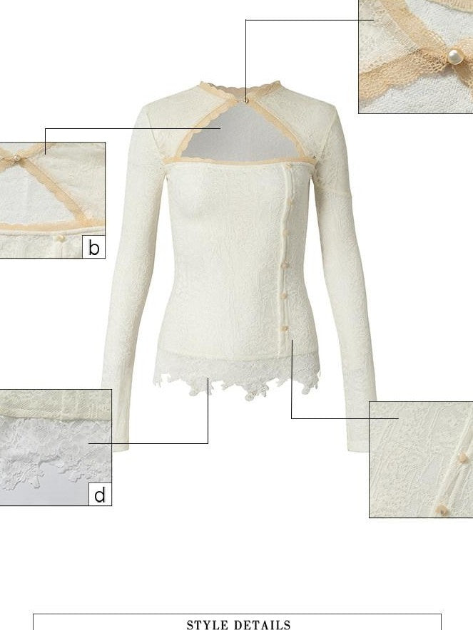 UNIVERSE Cool Lace Cutout Patchwork Women's Viscose Blend Long Sleeve T-shirts