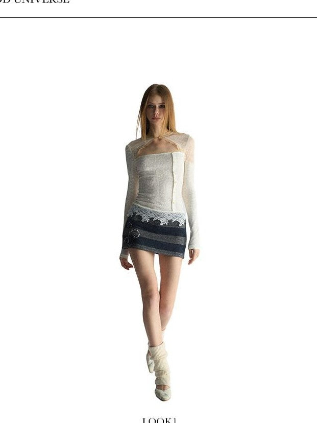 UNIVERSE Cool Lace Cutout Patchwork Women's Viscose Blend Long Sleeve T-shirts