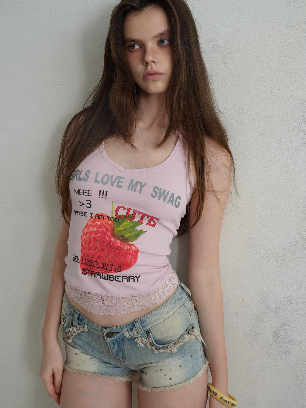 UNIVERSE Cool Pink Strawberry Print Lace Hem Women's Cotton Halter Tops