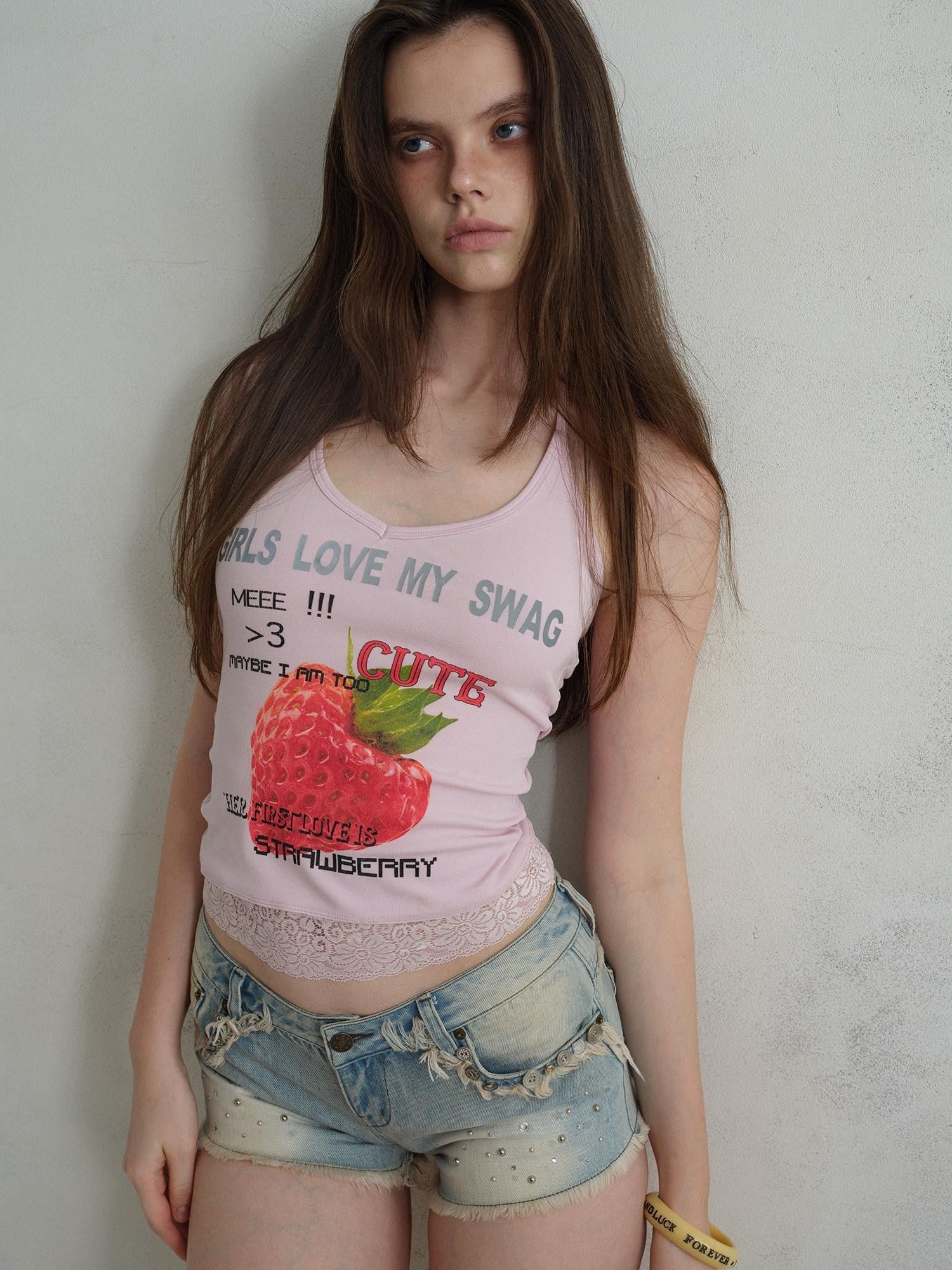 UNIVERSE Cool Pink Strawberry Print Lace Hem Women's Cotton Halter Tops