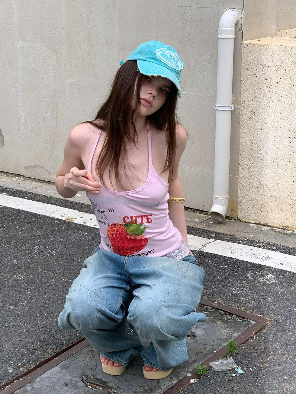 UNIVERSE Cool Pink Strawberry Print Lace Hem Women's Cotton Halter Tops