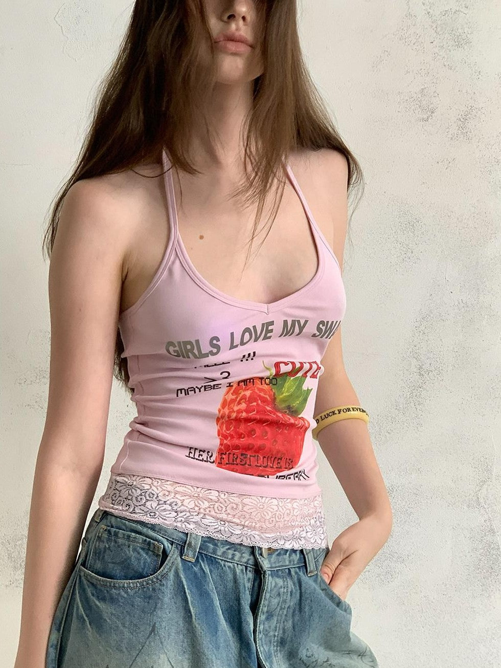 UNIVERSE Cool Pink Strawberry Print Lace Hem Women's Cotton Halter Tops