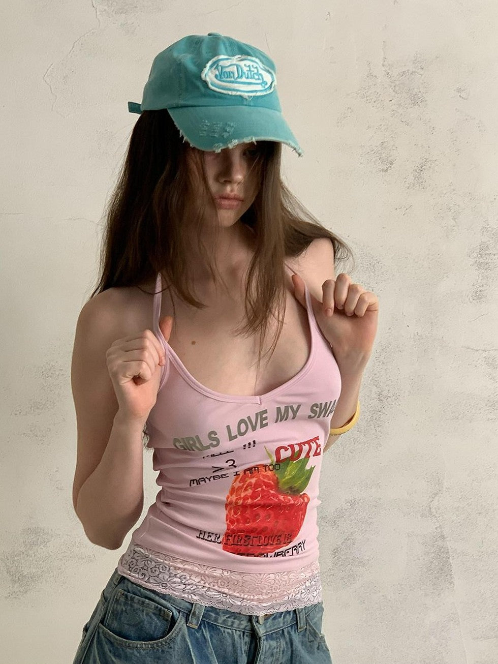 UNIVERSE Cool Pink Strawberry Print Lace Hem Women's Cotton Halter Tops