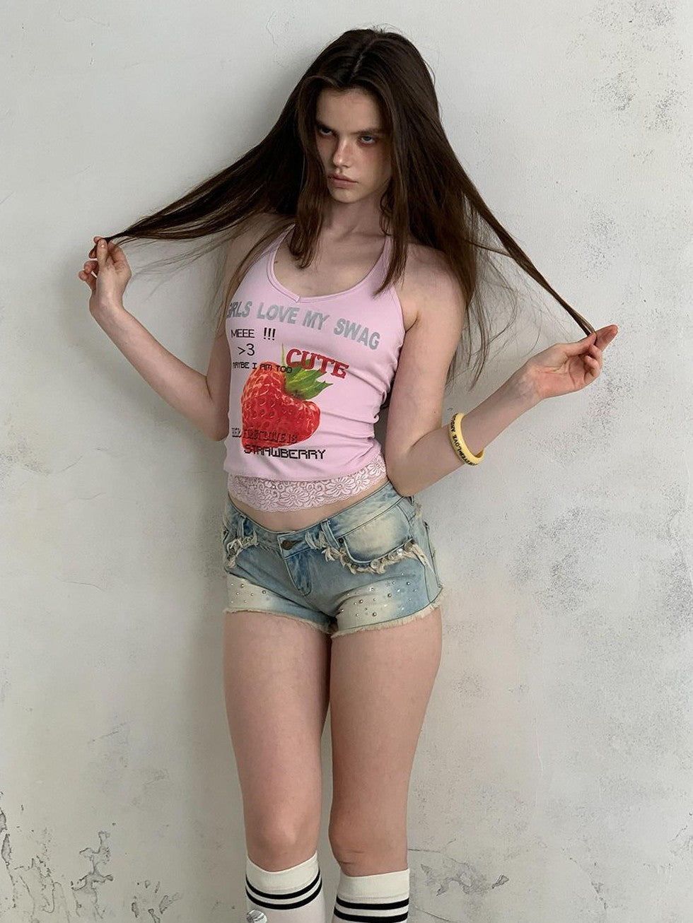 UNIVERSE Cool Pink Strawberry Print Lace Hem Women's Cotton Halter Tops