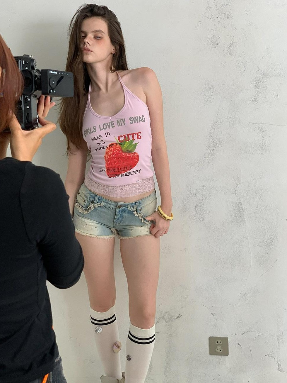 UNIVERSE Cool Pink Strawberry Print Lace Hem Women's Cotton Halter Tops
