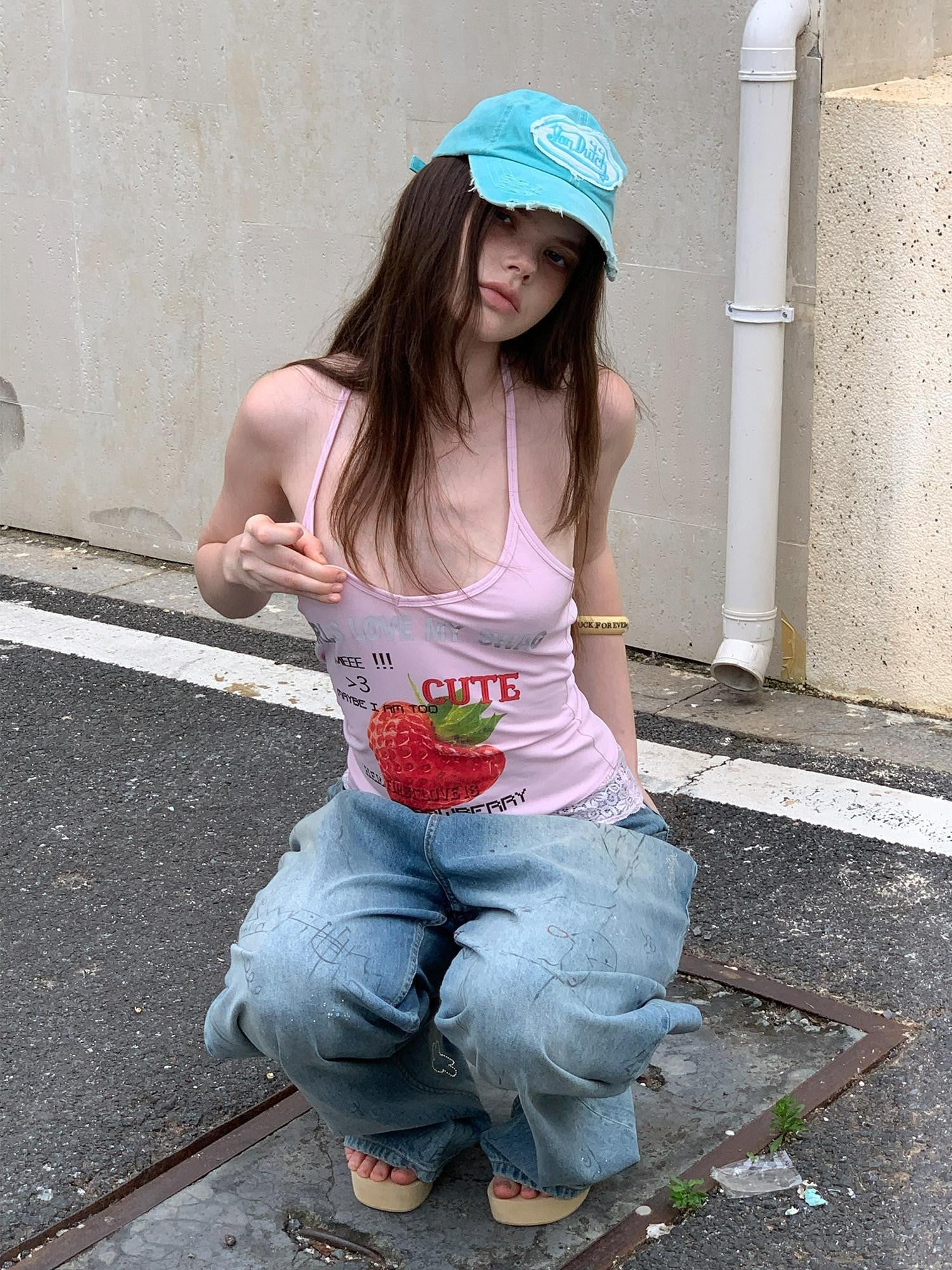 UNIVERSE Cool Pink Strawberry Print Lace Hem Women's Cotton Halter Tops